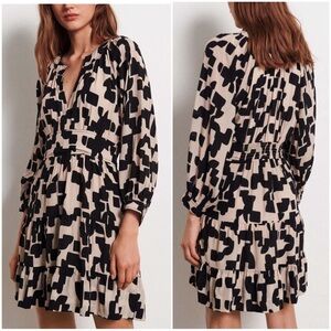 BA&SH Women’s Size S Black & Tan Geo Print Pulse V-Neck 3/4-Sleeve Mini Dress
